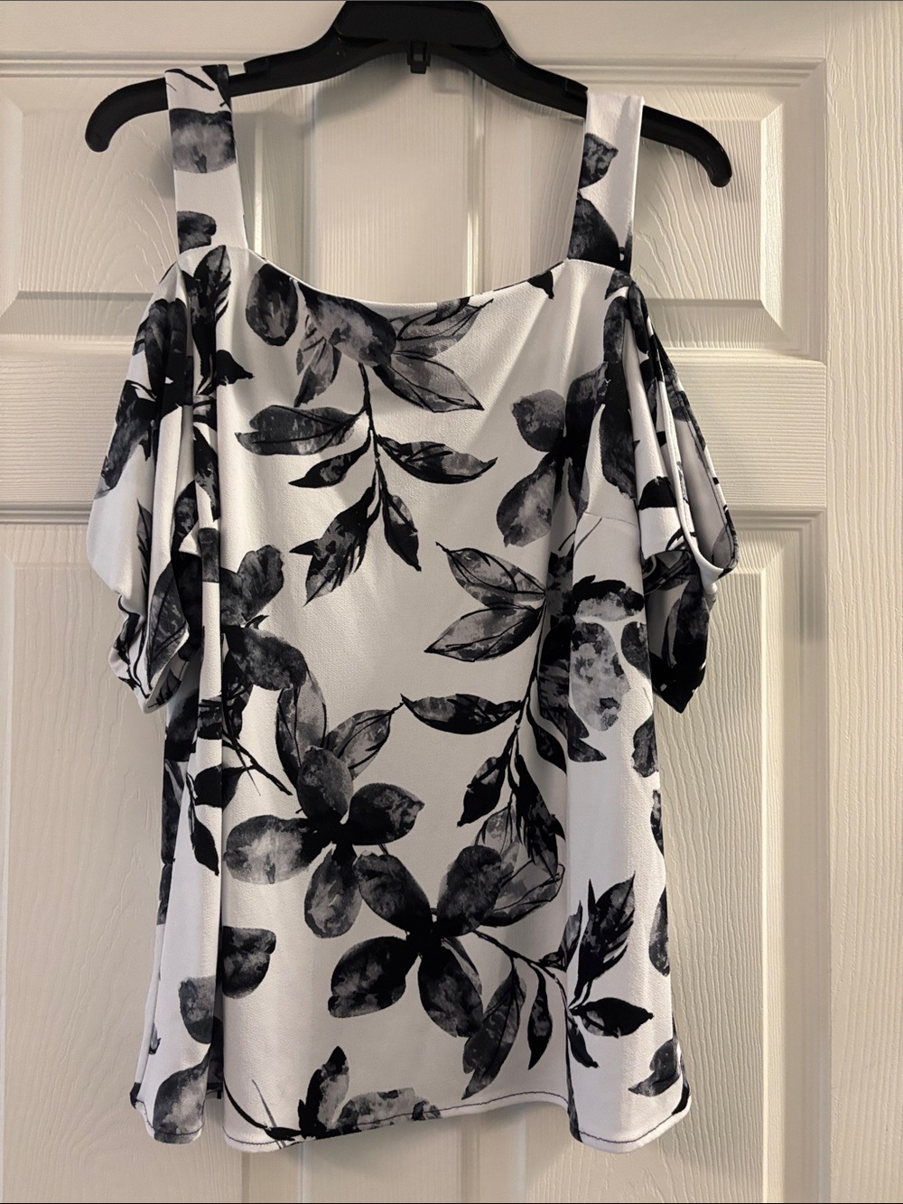 INC International Concepts White Cold-Shoulder Floral Top with Black Print
